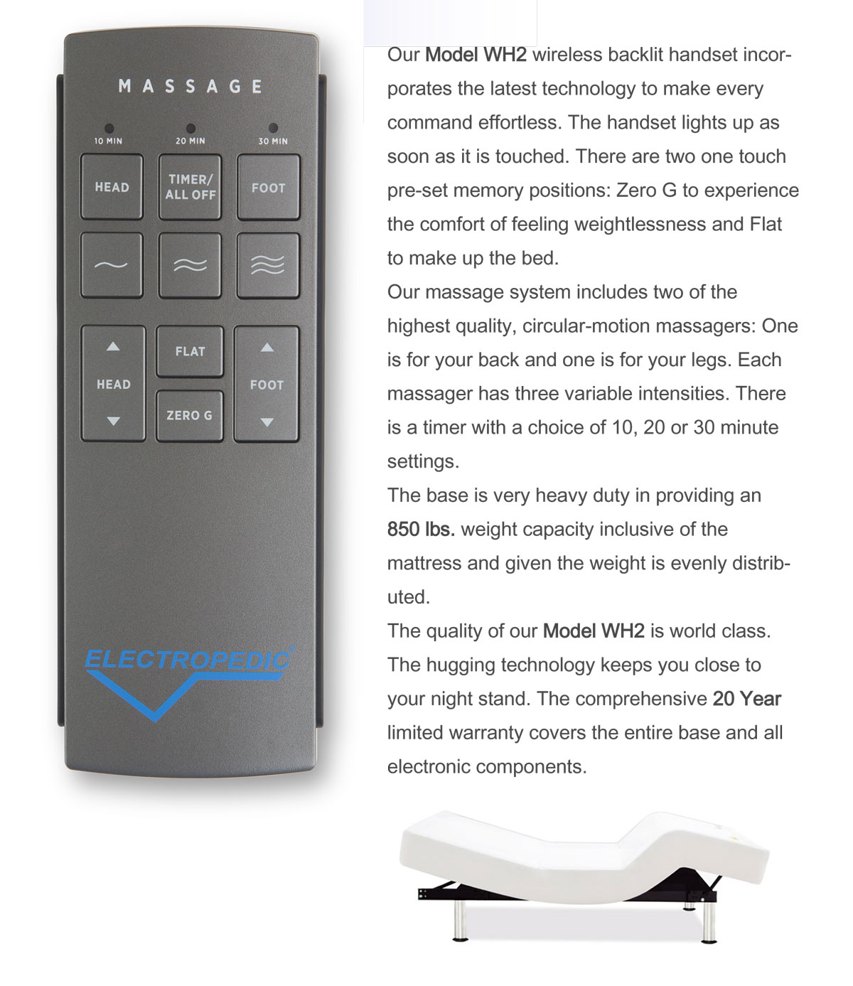 Los Angeles Electropedic Adjustable Beds Model WH2 Wireless Remote